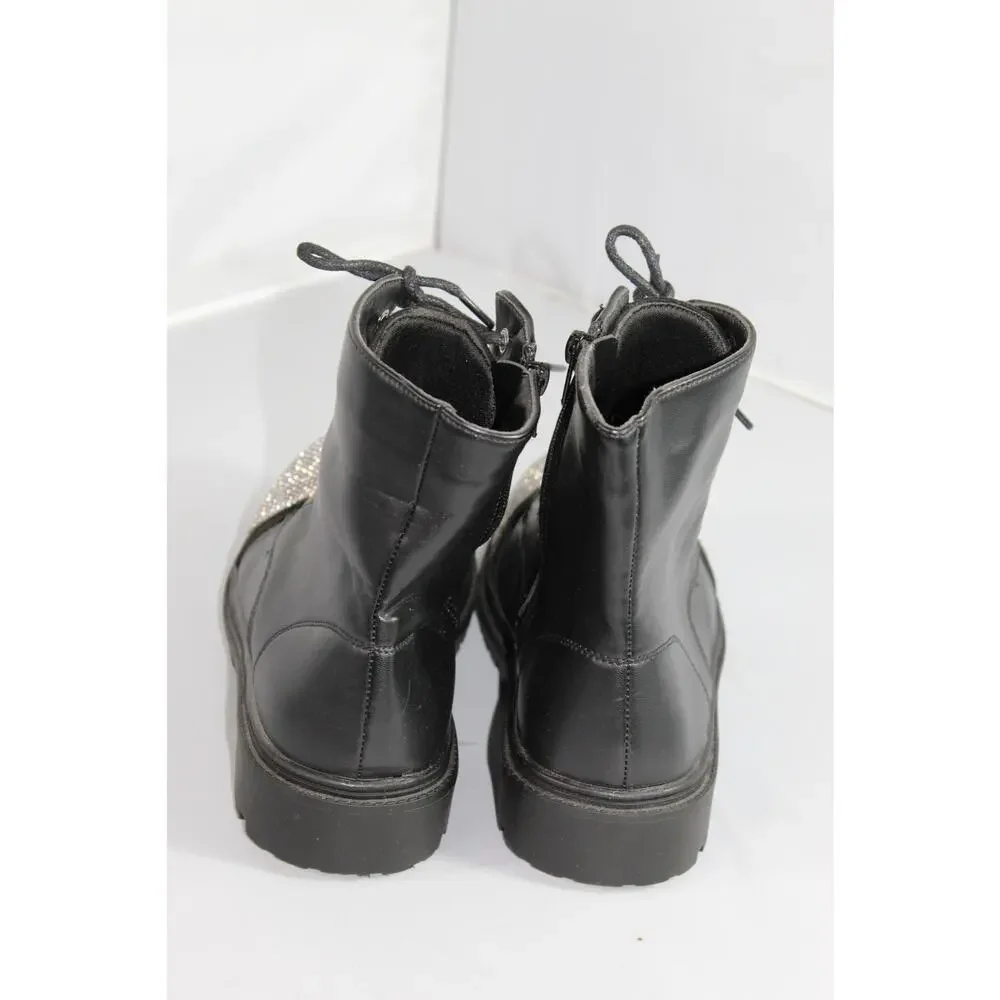 Girls Leslie Lace Up Combat Ankle Boots Black Rhinestone Toe Side Zip Size 2